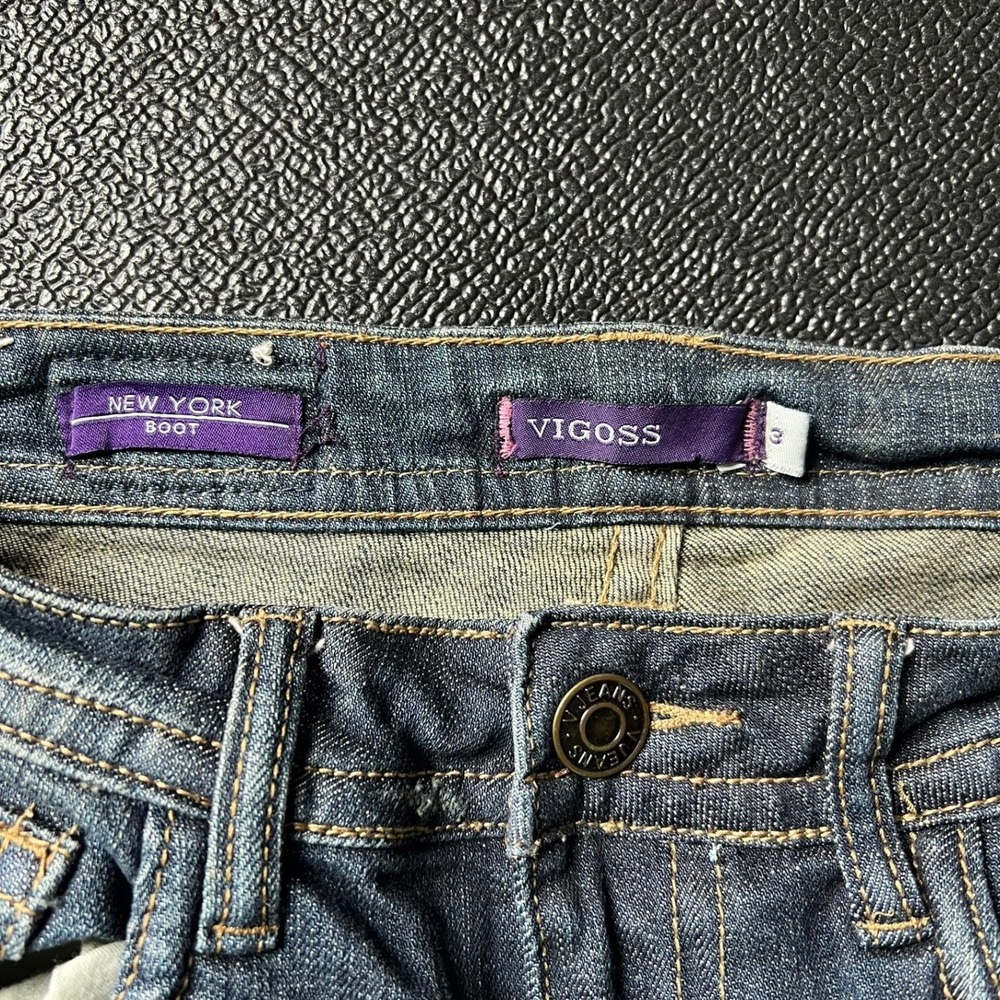 VTG Vigoss Bootcut Jeans Womens 3 Dark Wash Distressed Flap Pocket Y2k Grunge - Picture 8 of 10